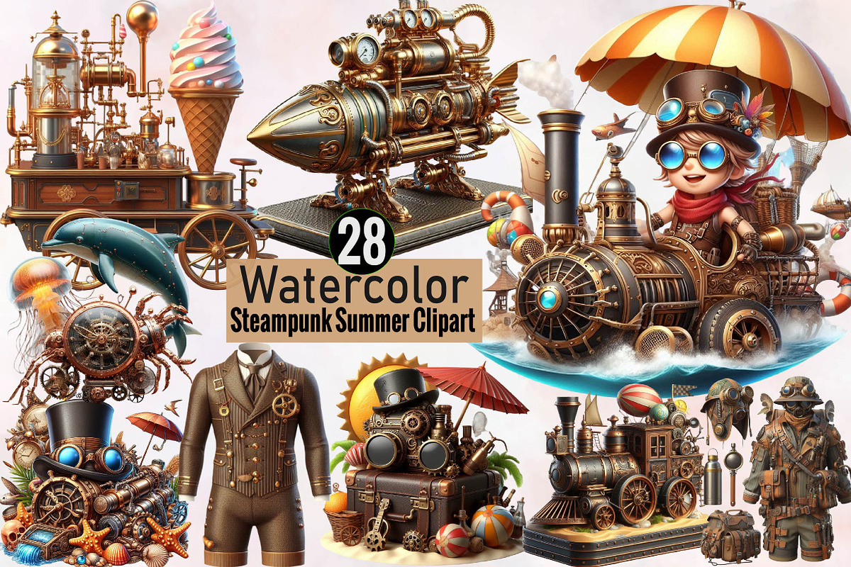 Steampunk Summer Clipart Bundle, an Illustration by SVGArt (Photo 1 of 8)