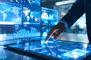 Business professionals hands on a sleek digital touchscreen dash, a Technology Photo by DanFLCreativo