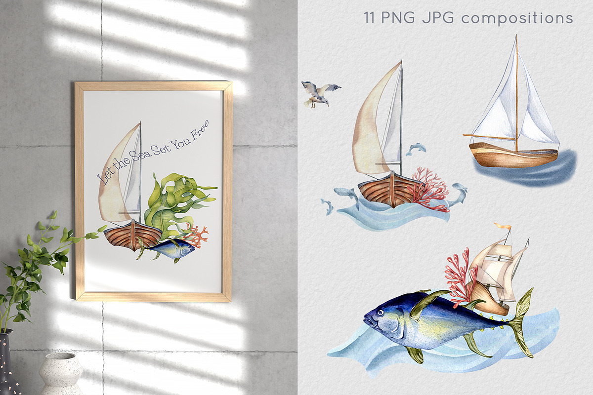 Marine collection watercolor clipart, an Illustration by Kate Lanbina (Photo 4 of 13)