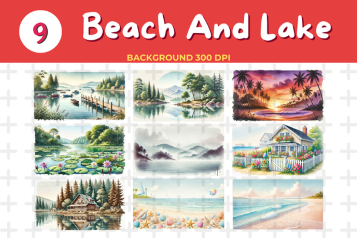 Watercolor Beach & Lake Scene Backg, a Background Graphic by John_Walker (Photo 2 of 4)