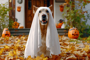 Golden retriever dog ghost costume, a Photo by LiliGraphie