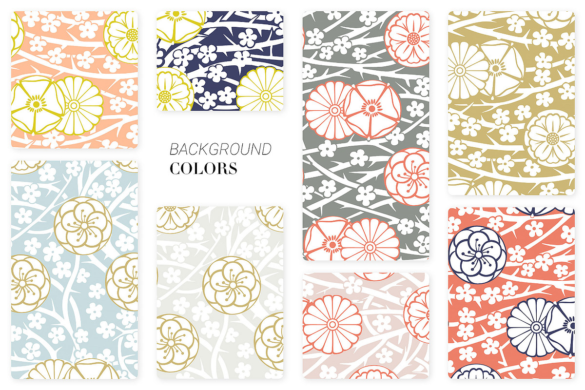Kawaii Japanese Floral Seamless Pattern, 7 Colourways