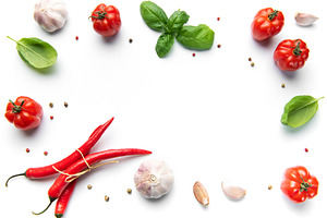 Italian food ingredients creating a frame on white, a Food & Drink Photo by Olena Rudo