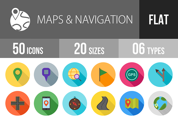 50 Maps Flat Shadowed Icons