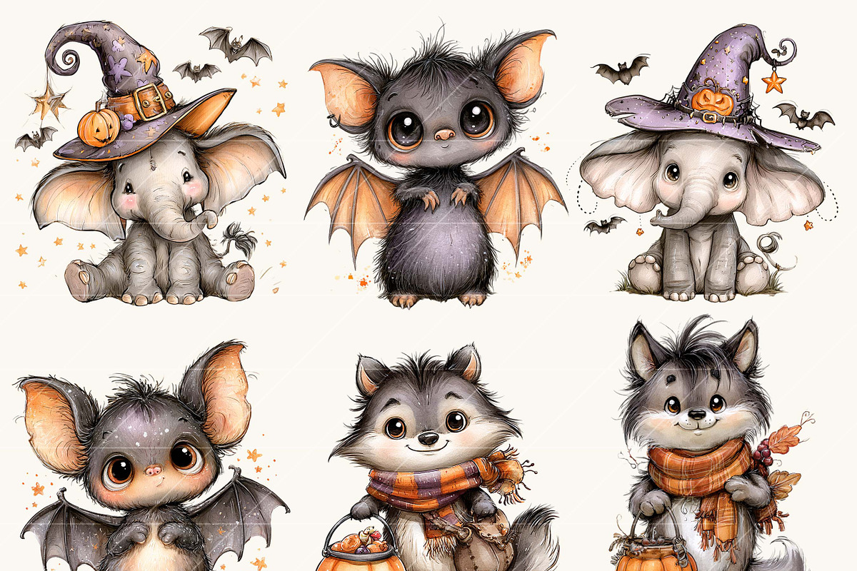 Halloween Cute Animals Clipart, a Seasonal Illustration by BusyDaydesign (Photo 3 of 9)