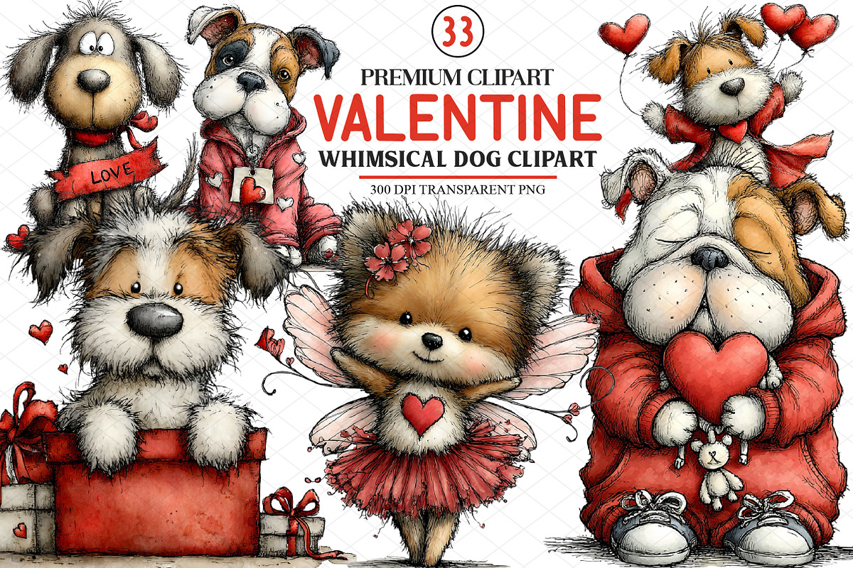 Whimsical Valentine Dog Clipart, an Illustration by cherrydesign (Photo 1 of 4)
