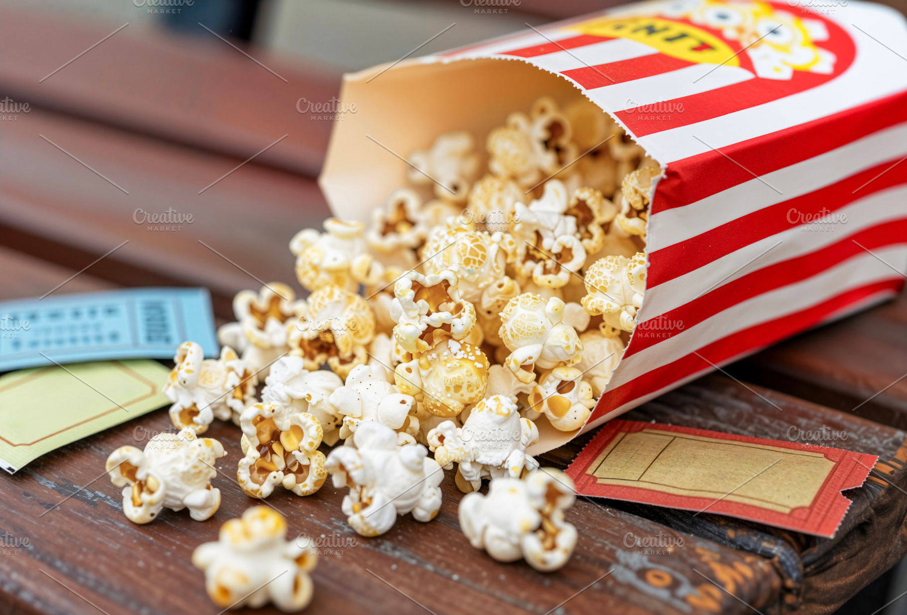 Popcorn Spilling from Striped Box, a Photo by rarrarorro