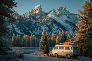 Vintage camper van parked in snowy forest clearing with Christma, a Person Photo by José Manuel Gelpi