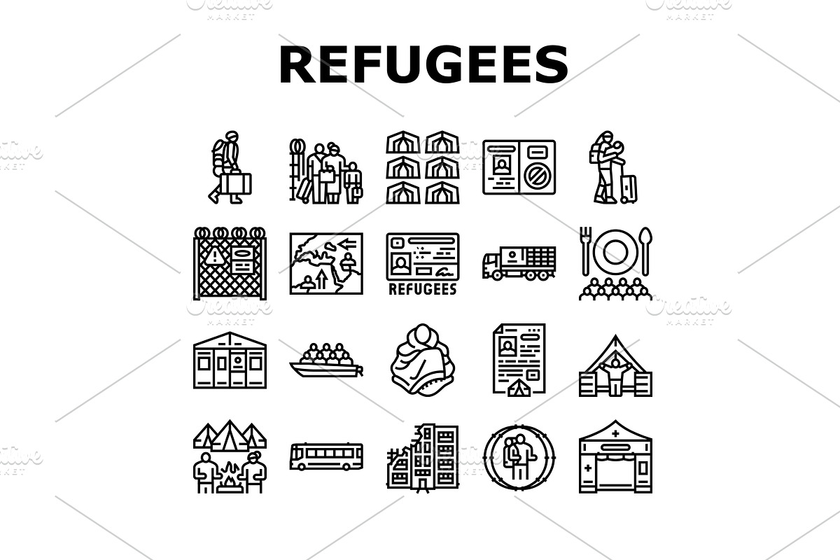 refugees asylum crisis icons set, an Object Illustration by pikepicture
