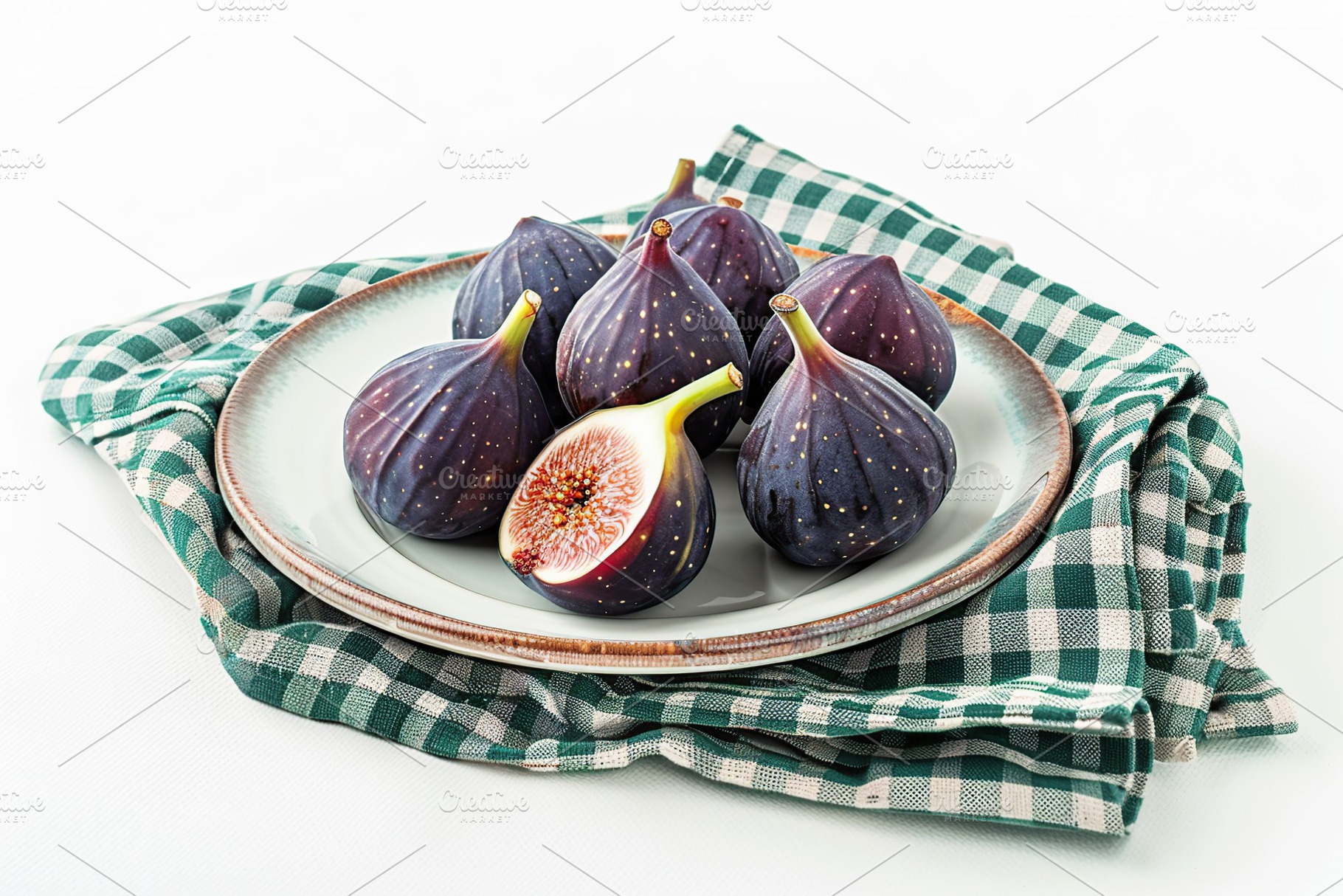 Fresh figs in plate isolated on white background, a Food & Drink Photo by AlyaAnd