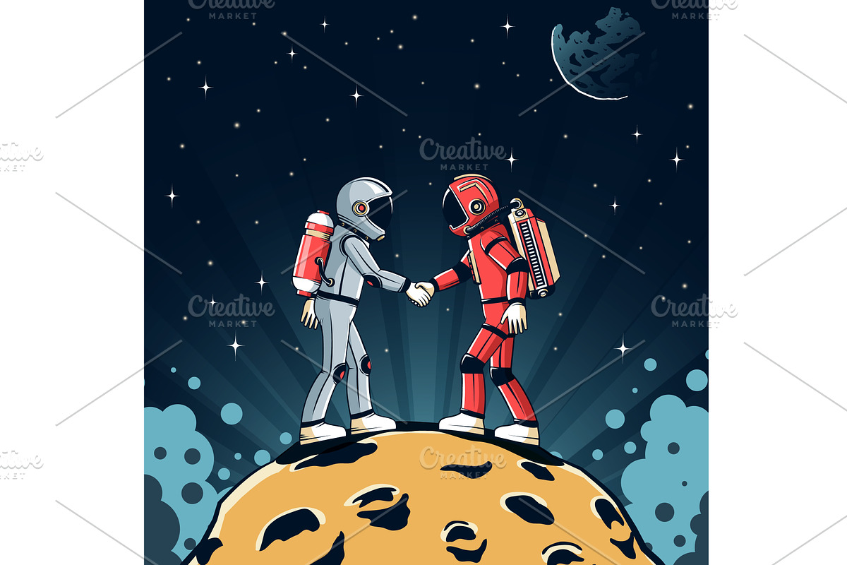Two astronauts shaking hands on moon, an Illustration by Agor2012 shop