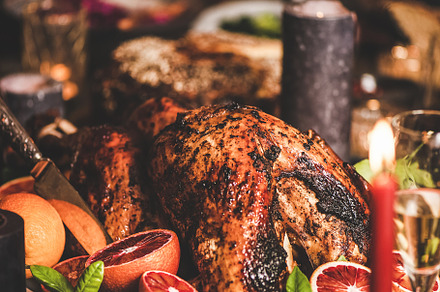 Christmas table with roasted turkey, a Food & Drink Photo by Foxys