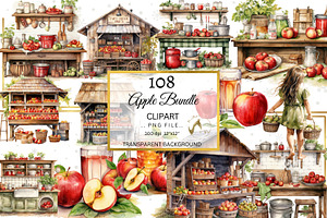 Apple Clipart Bundle, Watercolor PNG