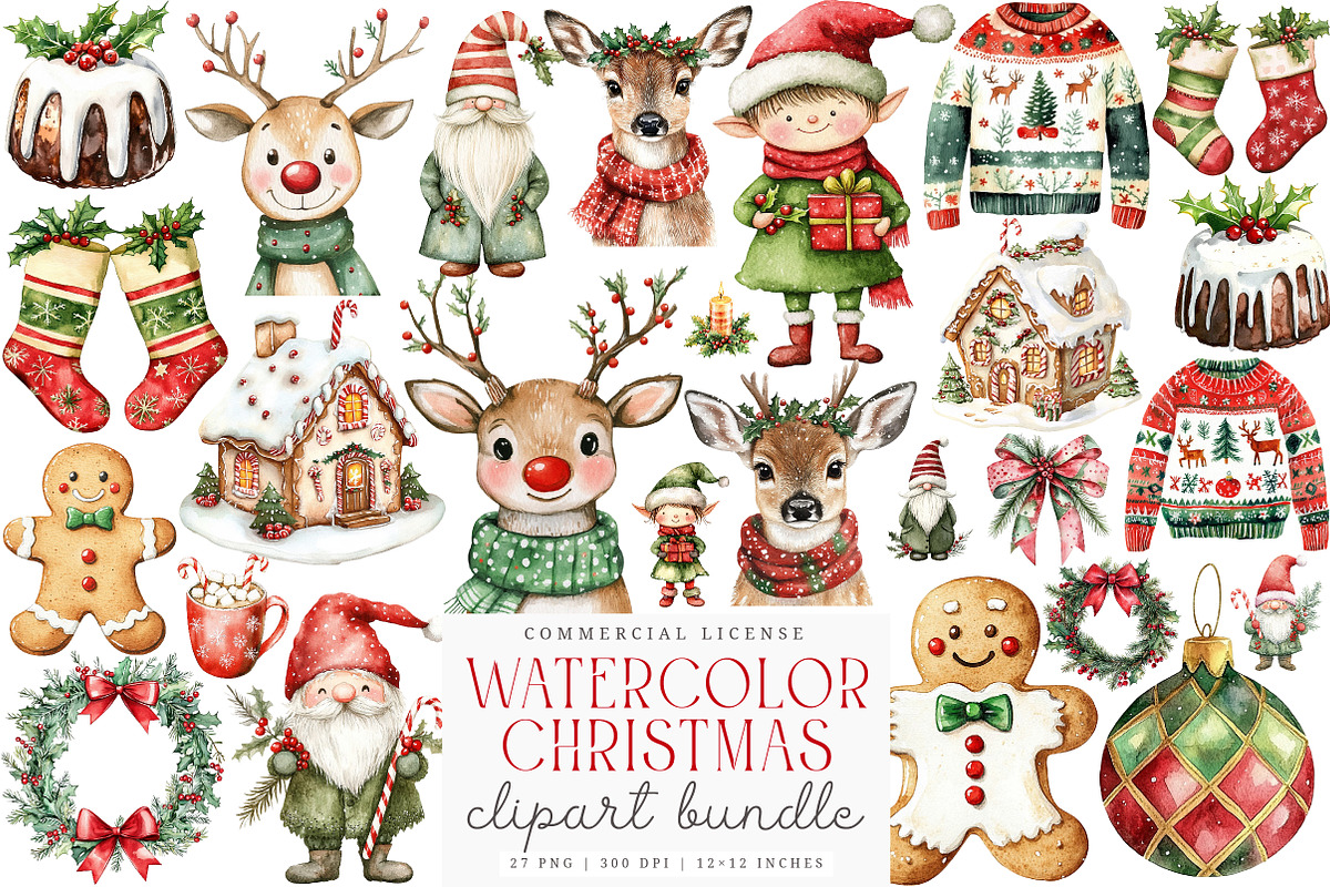 Cozy Watercolor Christmas Clipart, a Work Illustration by SinaCreation (Photo 1 of 6)