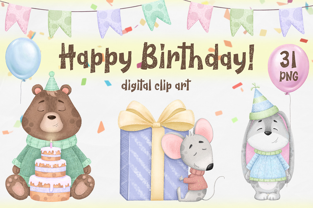 Happy Birthday Cute Animal clip art, an Animal Illustration by ekossa_art (Photo 1 of 4)