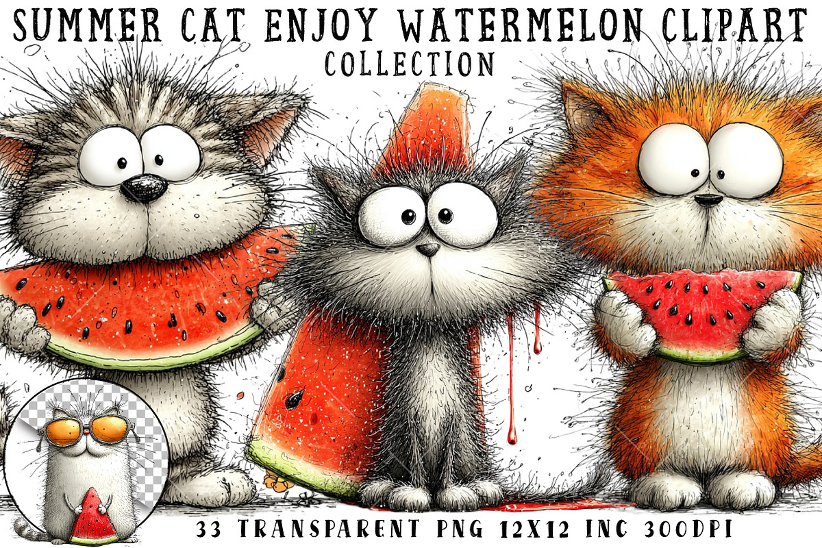 Summer Cat Enjoy Watermelon Clipart, an Illustration by OK Design (Photo 1 of 6)