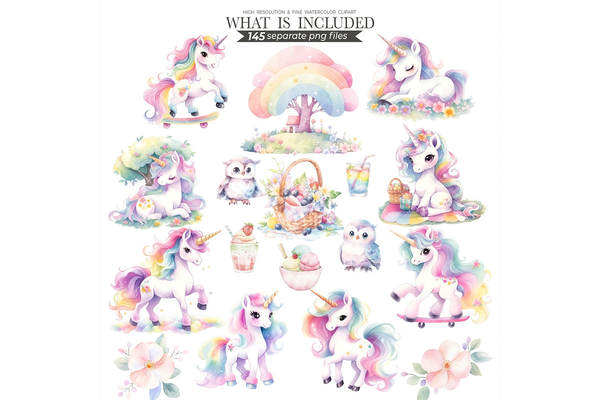 Pastel Unicorn Watercolor Clipart, an Illustration by CharmClipart (Photo 7 of 10)