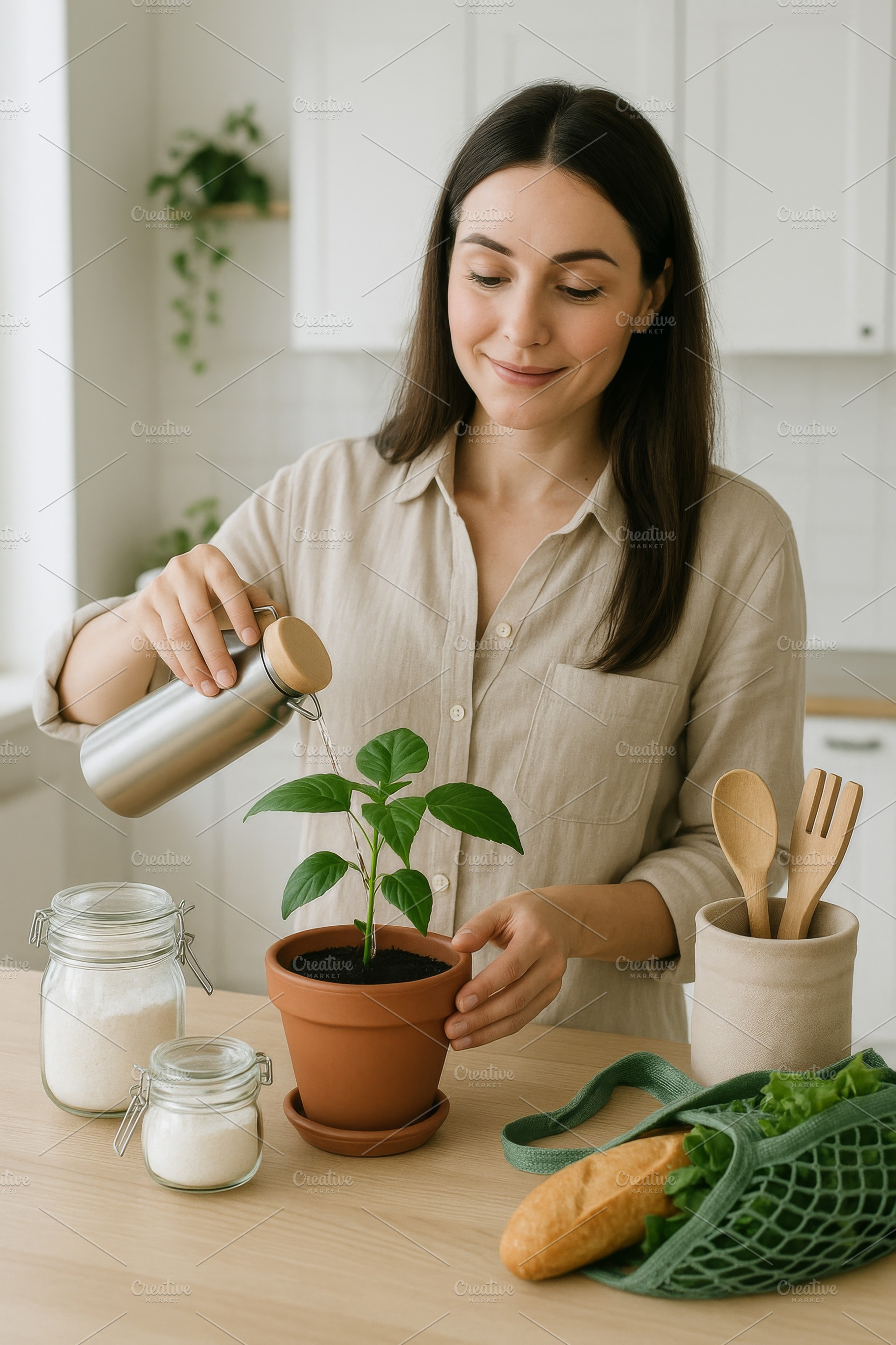 Woman watering potted plant in kitch, a Photo by Dvoevnore photos