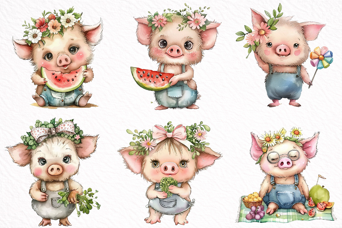 Whimsical Summer Pig Clipart, an Illustration by DreamArtGraphic (Photo 4 of 8)