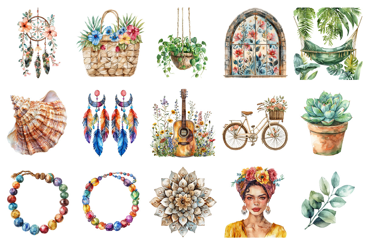 Watercolor Boho Summer ClipArt, an Illustration by Design Market (Photo 6 of 9)