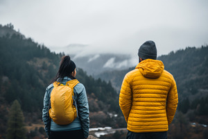 Couple tourists enjoying mountain vi, a Photo by Dvoevnore photos