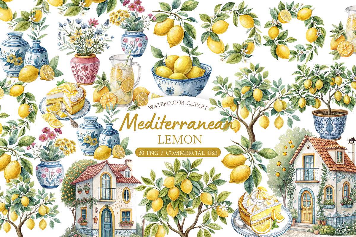 Watercolor Lemon Clipart Bundle, an Illustration by MockupWizard (Photo 1 of 6)