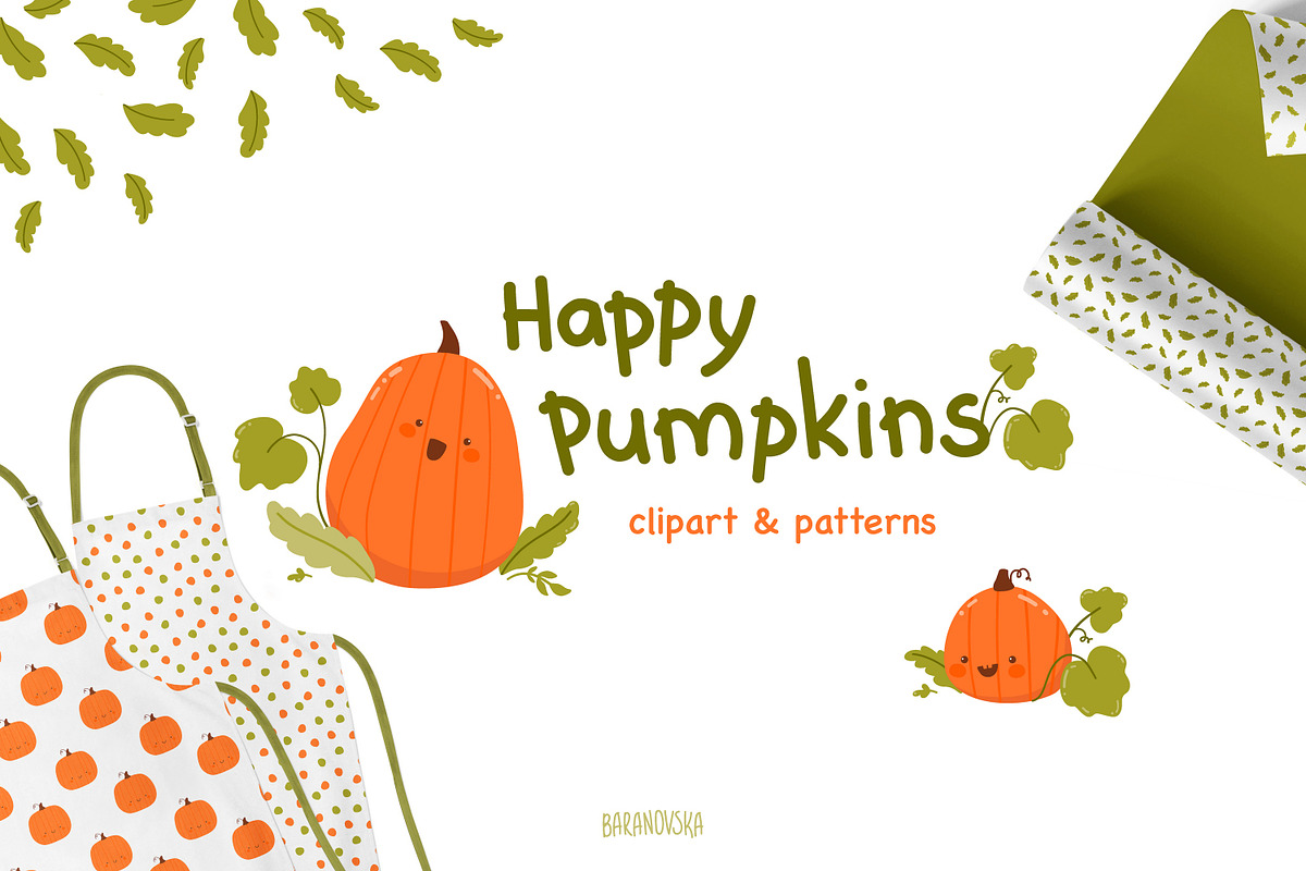 Happy pumpkins. Clipart and patterns, an Illustration by Baranovska (Photo 1 of 7)