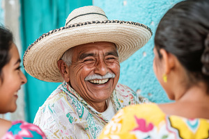 Mexican family smiling together at home with elderly man in somb, a Photo by Dvoevnore photos