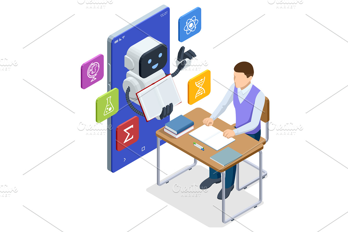 Isometric AI robot teaching male, an Education Illustration by Golden Sikorka