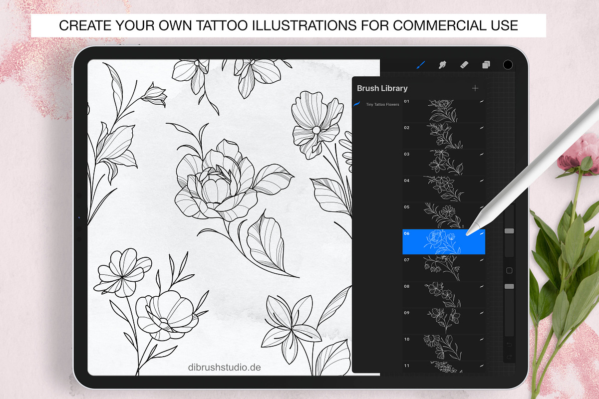 Procreate Tiny Tattoo Flowers, a Brush Add-On by DiBrush Studio (Photo 2 of 7)