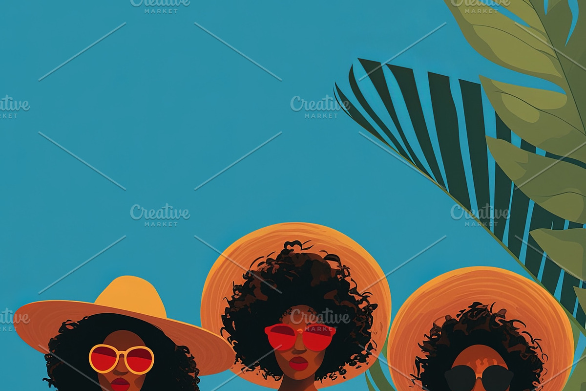 Stylish friends in casual fashion with hats and glasses enjoying sunny outdoors, an Illustration by AS photostudio