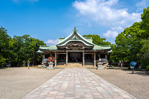 Main hall of Hokoku Shrine in Osaka, Japan on sunny day, an Architecture Photo by GoodGoods