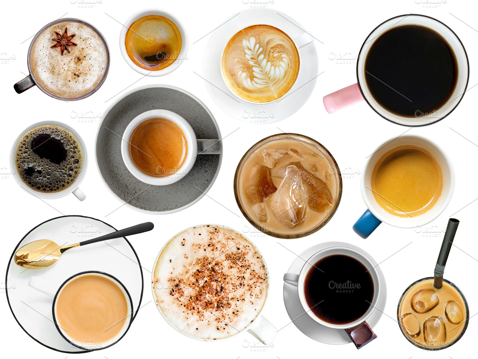 Set of coffee cups isolated top view, a Food & Drink Photo by BOOCYS