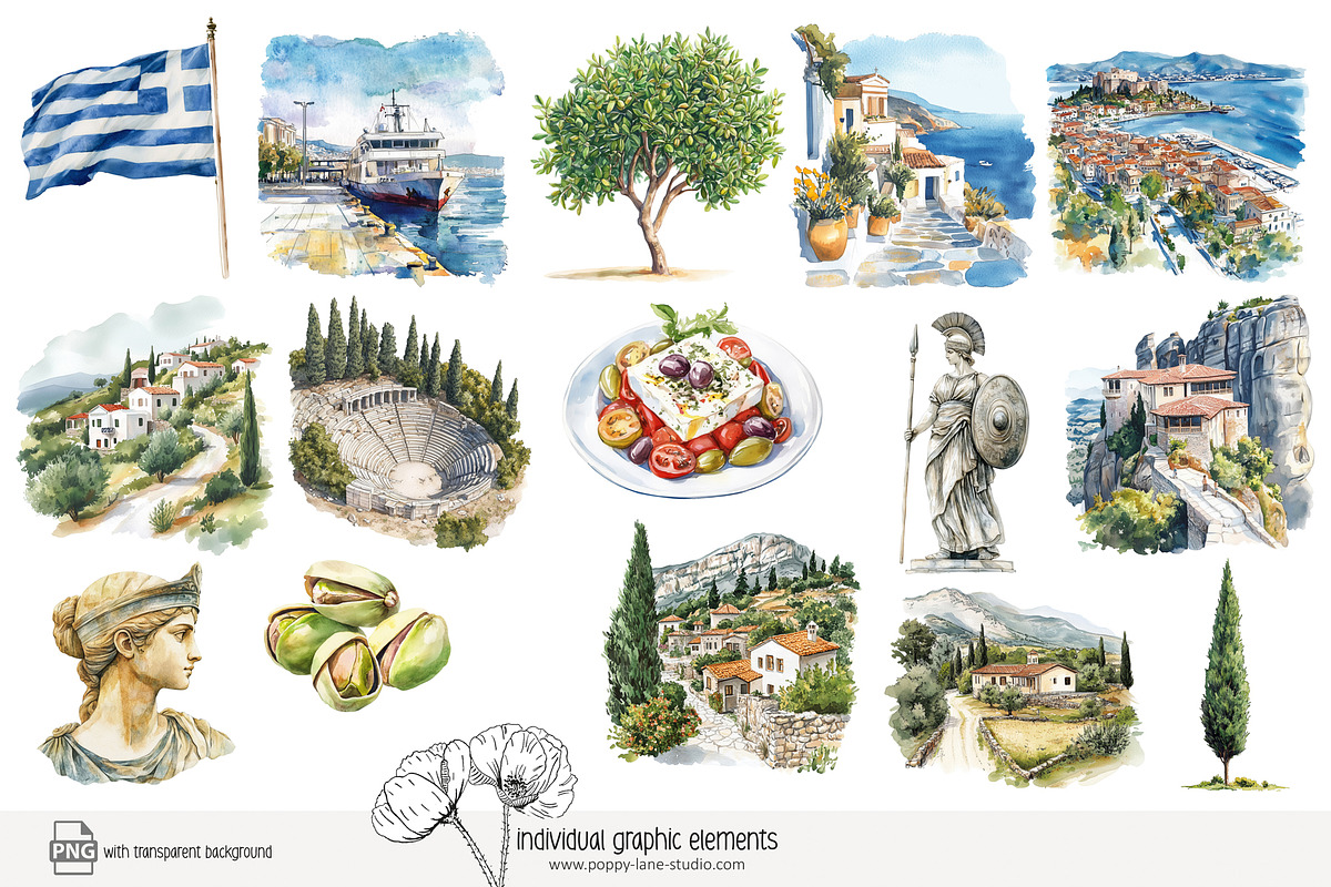 90 watercolour Greece clip art, a Seasonal Illustration by Poppy Lane Studio (Photo 2 of 12)