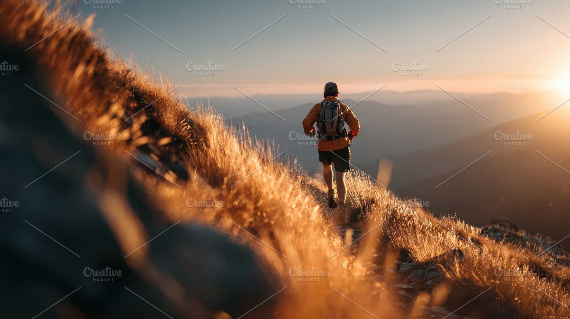Man trail running mountain sunset go, a Photo by Pixeness Studio