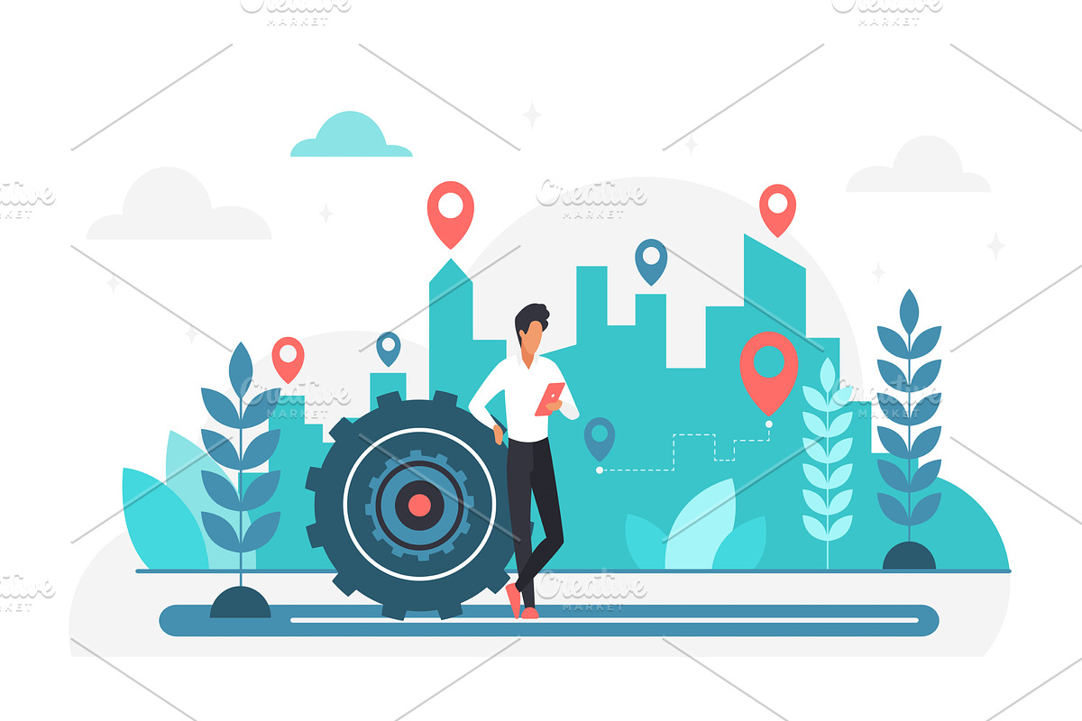 Man using navigation app cityscape, a Technology Illustration by Lemberg Vector