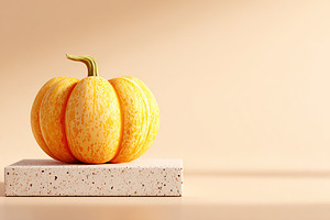 Decorative yellow pumpkin resting on a textured stone slab in soft lighting, a Photo by AlyaAnd