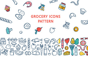 Grocery Icons, Patterns And Borders