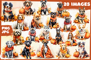 Fall Dogs With Pumpkins Watercolor