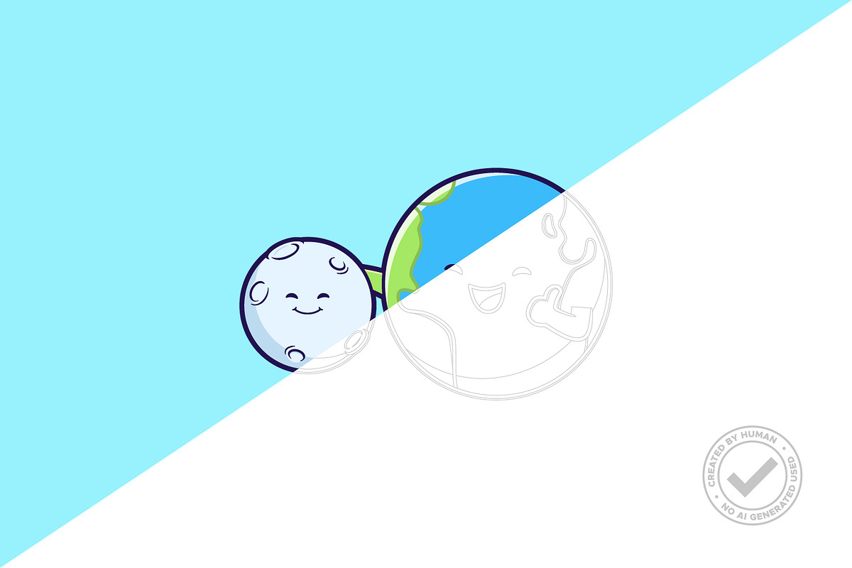 Cute Earth Hugs Moon Cartoon Vector, an Education Illustration by tkzgraphic (Photo 2 of 3)