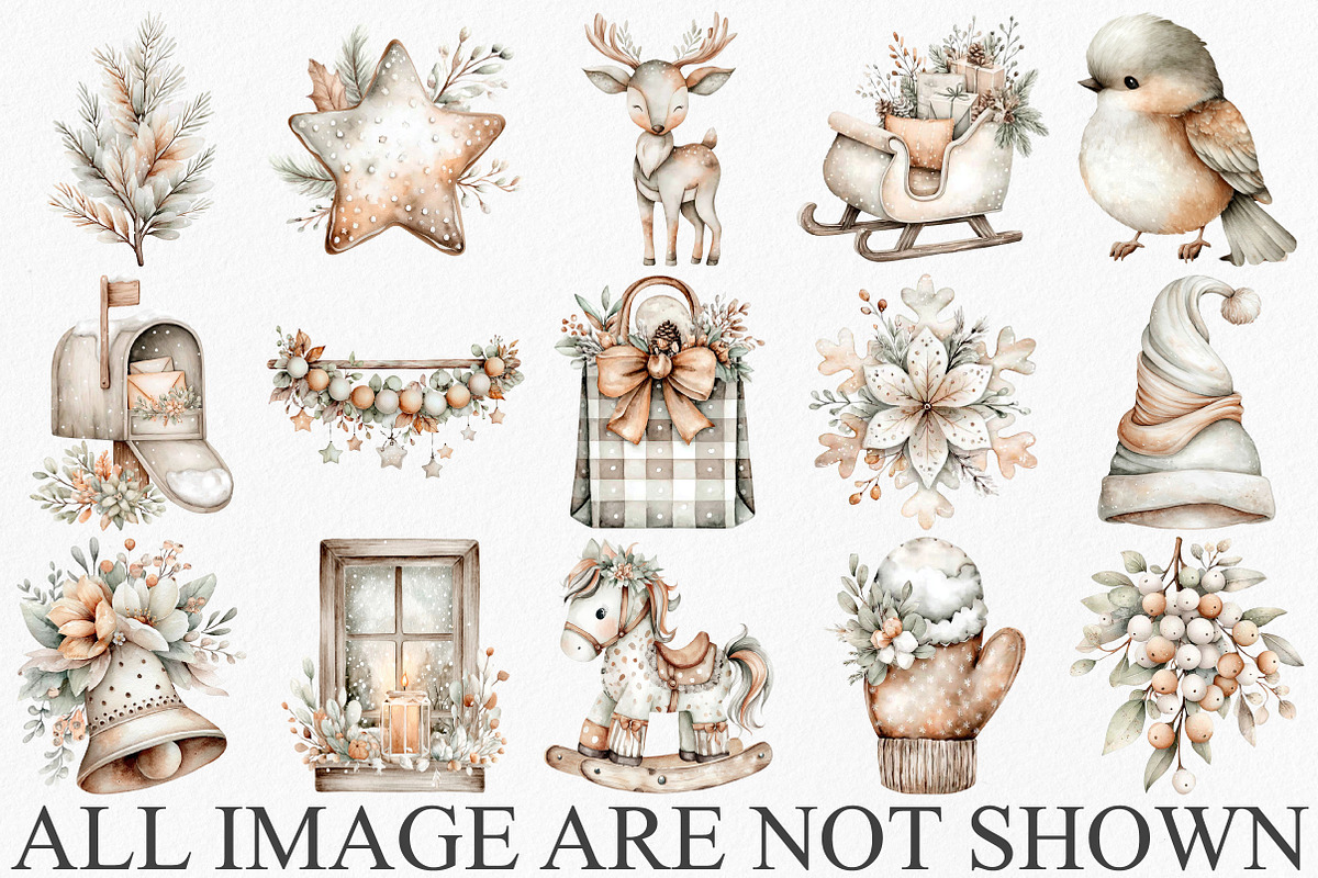 Watercolor Neutral Christmas Clipart, an Illustration by Canvas Craft (Photo 3 of 6)