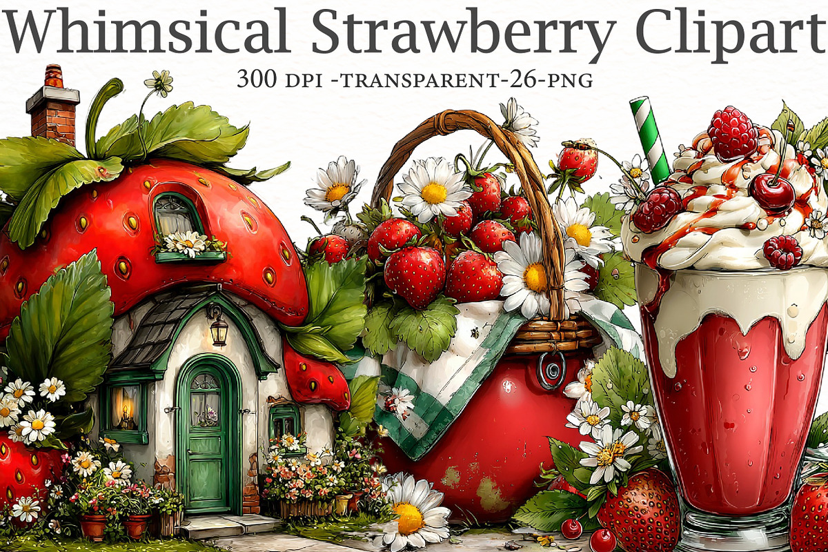 Whimsical strawberry Clipart, a Seasonal Illustration by Designworld (Photo 1 of 10)