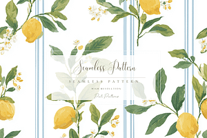 Lemon Seamless Pattern with Blue Str, a Pattern Graphic by Pati Charm Studio