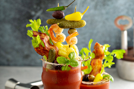 Bloody mary cocktail topped with various garnishes, a Food & Drink Photo by farwasser