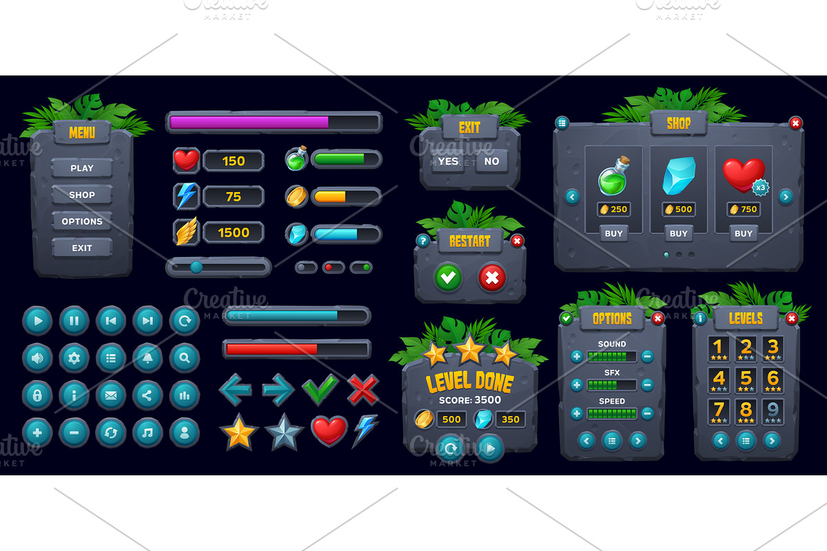 Game UI, jungle forest stone, a Technology Illustration by Buch&Bee