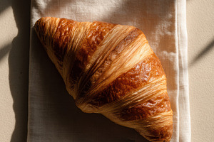 Single croissant on linen napkin, a Food & Drink Photo by Virgo Studio