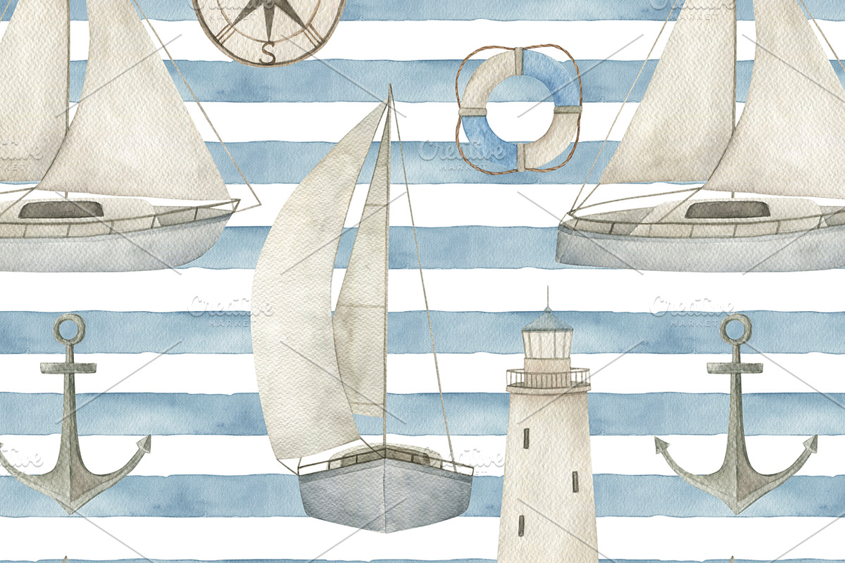 Watercolor Marine Pattern Set, a Pattern Graphic by Natikka Art (Photo 4 of 4)