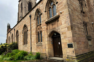 Historic sandstone church architecture in Liverpool, UK with Got