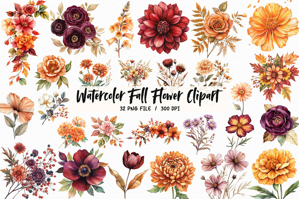 Watercolor Fall Flower Clipart, an Illustration by Libby Wishes (Photo 1 of 7)