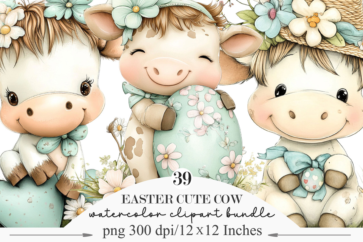 Whimsical Easter Cute Cow Clipart, an Illustration by Designking (Photo 1 of 5)